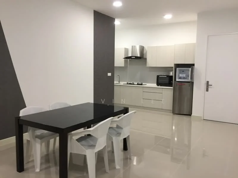 Kitchen features: white cabinets, grey accent wall, stainless-steel range hood, built-in gas hob, built-in oven, microwave, stainless-steel fridge, black dining table, 4 white plastic dining chairs, polished tile flooring, recessed downlights, single-bowl stainless-steel sink, chrome pull-down faucet; style: modern.