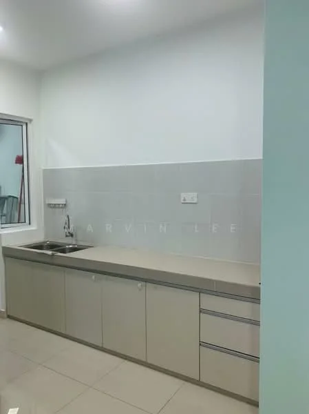 Kitchen features: single-bowl stainless-steel sink, chrome pull-down faucet, light beige cabinetry, laminate countertop, white tiled backsplash, ceramic tile flooring, built-in cabinets, under-cabinet lighting, window above sink, neutral wall color; style: modern.