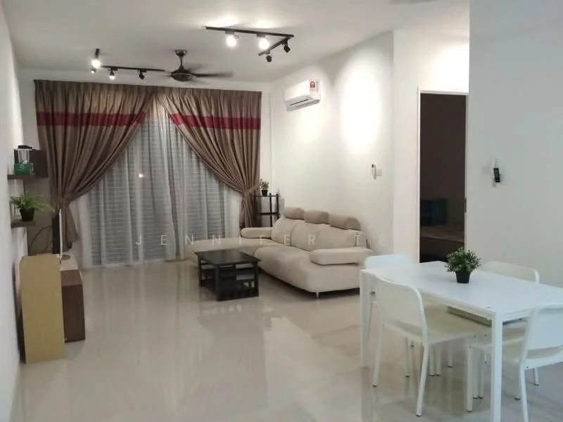 Living features: 3-seater fabric sofa in beige, coffee table, TV console, wall-mounted TV, area rug, floor-to-ceiling windows, sheer curtains, recessed LED downlights, ceiling fan, white painted walls, glossy tile flooring, decorative plants; style: modern.