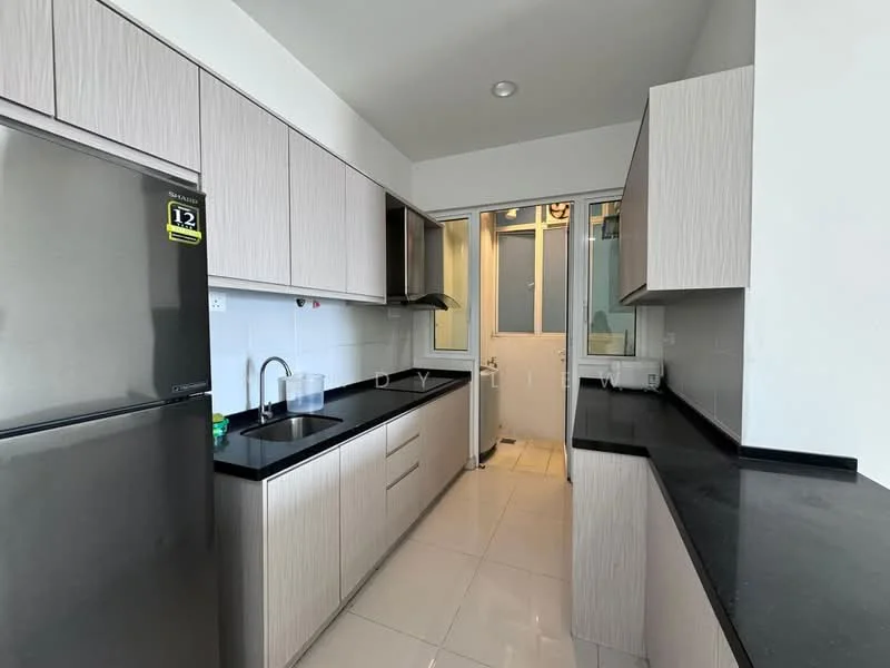 Kitchen features: stainless-steel fridge, single-bowl stainless-steel sink, chrome pull-down faucet, black granite countertop, light wood cabinetry, built-in oven, ceramic tile flooring, white painted walls, window with glass panes, under-cabinet lighting; style: modern.