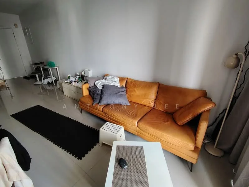 Living features: 3-seater leather sofa in orange, white coffee table, black area rug, side table, floor lamp, white walls, glossy tile flooring, window with sheer curtains; style: modern.