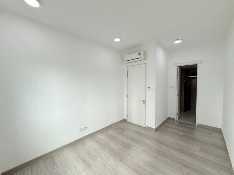 Room features: white painted walls, laminate flooring, recessed LED downlights, 1 wall-mounted split AC, door leading to another room, neutral color scheme; style: modern.
