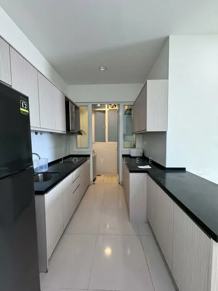 Kitchen features: white laminate cabinetry, black granite countertop, stainless-steel sink, chrome pull-down faucet, built-in oven, stainless-steel fridge, ceramic tile flooring, recessed downlights, wall-mounted cabinets, open shelving, sliding glass door to utility area; style: modern.