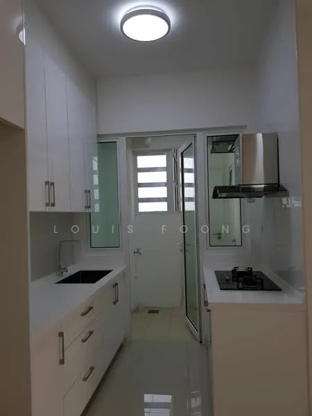 Kitchen features: white cabinetry, single-bowl stainless-steel sink, chrome pull-down faucet, white countertop, built-in gas hob, stainless-steel range hood, wall-mounted cabinets, ceramic tile flooring, recessed ceiling light, glass door to outdoor area, window with horizontal slats; style: modern.