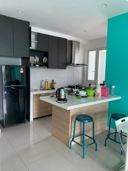Kitchen features: black cabinetry, white countertop, stainless-steel kettle, black refrigerator, gas stove with multiple burners, white ceramic plates, green bowls, bar stools in blue, white tiled flooring, windows for natural light, green accent wall; style: modern.