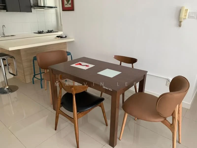 Dining features: brown wooden dining table, 4 dining chairs, 2 brown upholstered chairs, 2 blue metal chairs, white placemat on table, glossy tiled flooring, wall-mounted artwork, open kitchen view, kitchen counter with bar stools; style: modern.