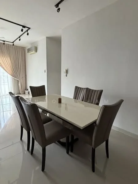 Dining features: 6-seater dining table with marble top, upholstered dining chairs in beige, white painted walls, polished tile flooring, floor-to-ceiling windows, sheer curtains, recessed downlights, air conditioning unit on wall; style: modern.