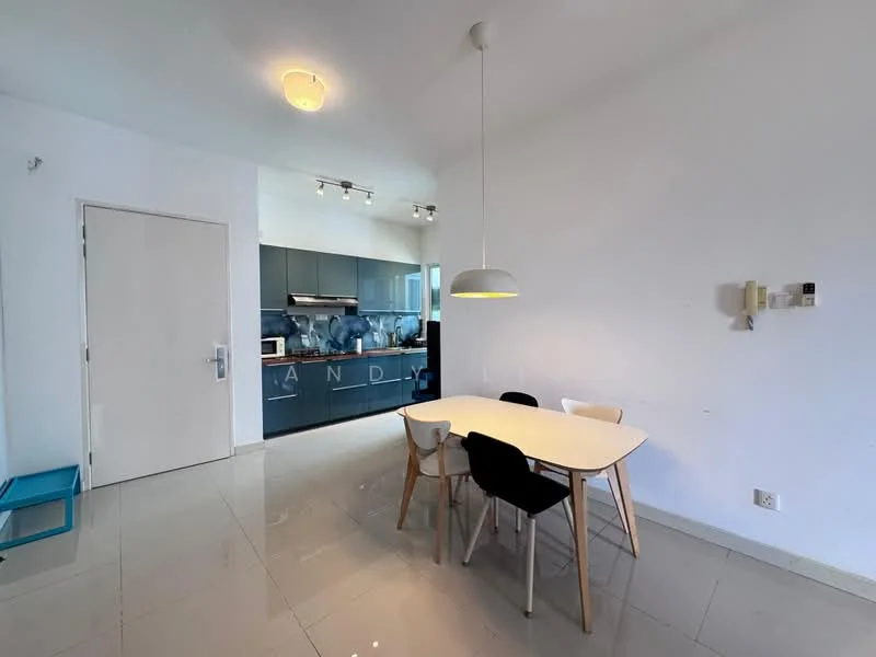 Dining features: white dining table, 4 dining chairs in black and white, pendant light fixture, glossy tile flooring, white painted walls, open layout to kitchen, wall-mounted intercom, kitchen cabinetry visible in background; style: modern.