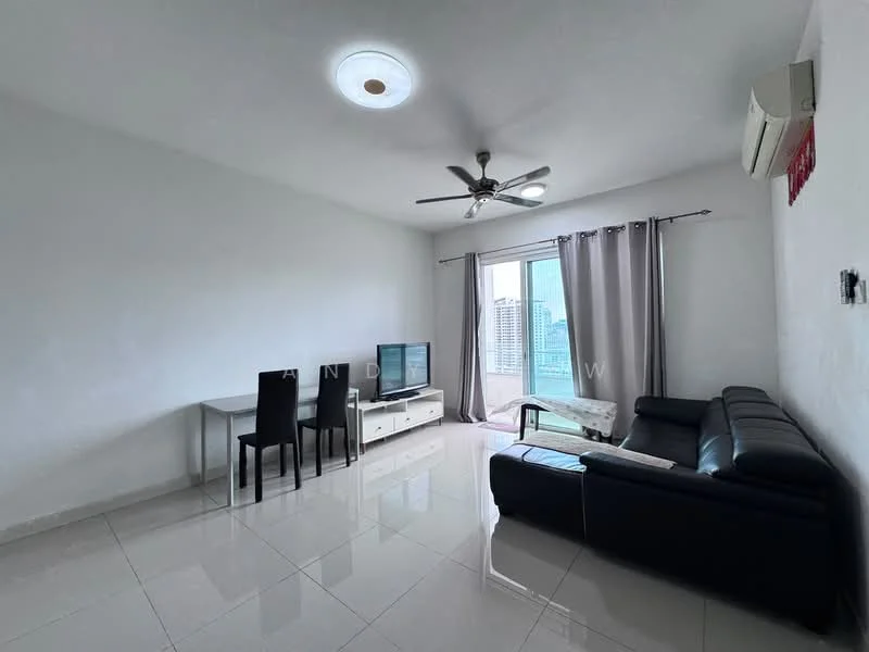 Living features: white painted walls, glossy tile flooring, 5-blade ceiling fan with light, recessed ceiling lights, black leather sofa, glass coffee table, TV console, wall-mounted TV, dining table with 4 black chairs, floor-to-ceiling windows with city view, curtains, air conditioning unit; style: modern; view: city.
