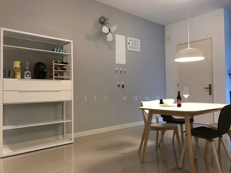 Dining features: round dining table, 4 black dining chairs, white shelving unit, wall-mounted light fixture, 5-blade ceiling fan, grey painted walls, polished tile flooring, decorative wall panel, wine bottle on table, glassware on table; style: modern.
