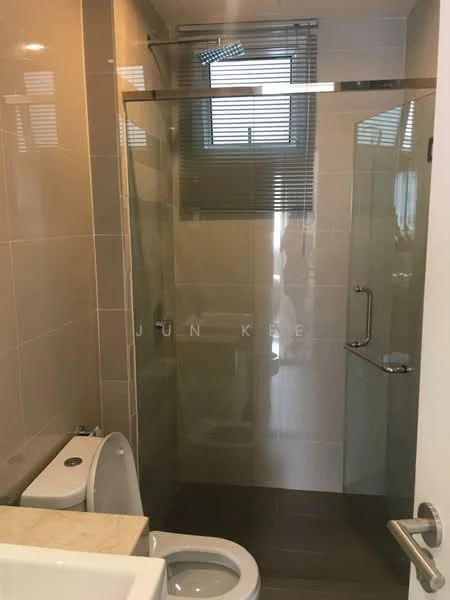Bathroom features: glass shower enclosure, rain shower head, handheld shower, white toilet, vanity with countertop, mirror above vanity, tile flooring, light-colored wall tiles, window with blinds; style: modern.