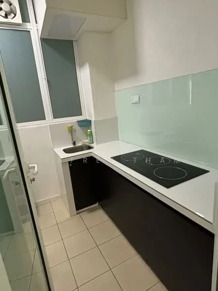 Kitchen features: white quartz countertop, black induction cooktop, single-bowl stainless-steel sink, chrome pull-down faucet, dark wood cabinetry, glass splashback, tile flooring, floor-to-ceiling windows, built-in storage, under-cabinet lighting; style: modern.