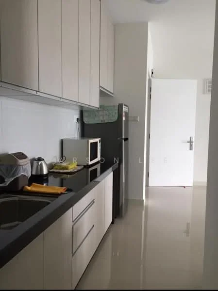 Kitchen features: white laminate cabinetry, black granite countertop, single-bowl stainless-steel sink, chrome pull-down faucet, built-in oven, freestanding fridge, microwave, kettle, tile backsplash, ceramic tile flooring, recessed downlights, white walls; style: modern.