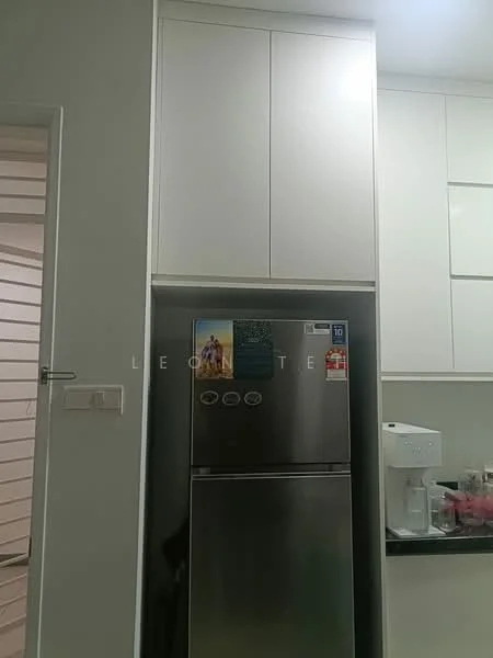 Kitchen features: stainless-steel fridge, white cabinetry, black countertop, built-in upper cabinets, kitchen appliances, wall-mounted cabinet, modern design; style: modern.