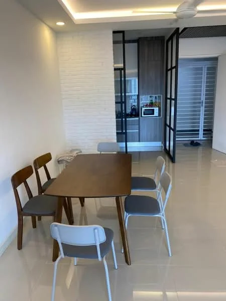 Dining features: wooden dining table, 4 dining chairs in wood and grey upholstery, white painted walls, tile flooring, recessed ceiling lights, glass partition wall, visible kitchen area in background, modern decor; style: modern.
