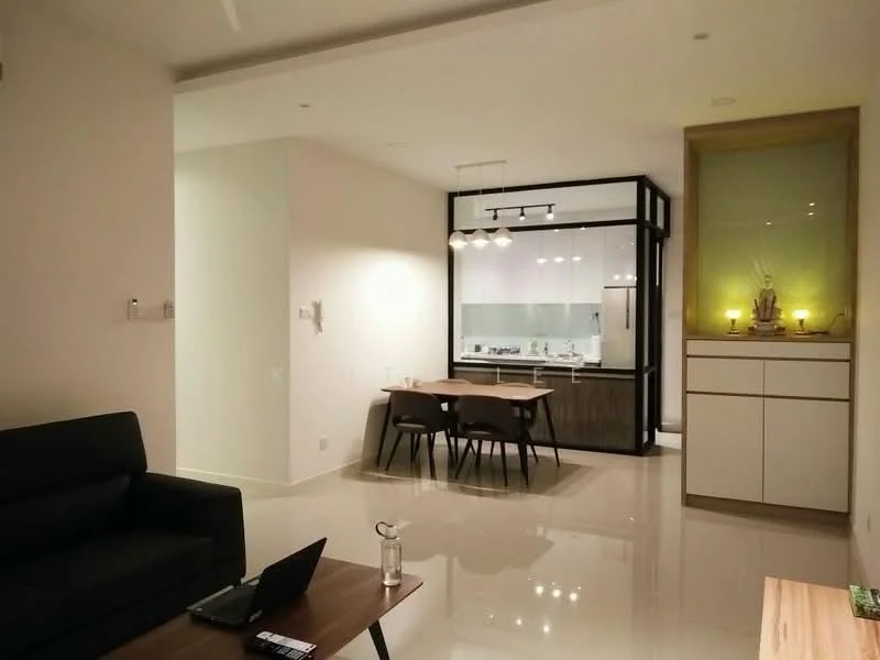 Living features: black fabric sofa, wooden coffee table, polished tile flooring, recessed downlights, wall-mounted TV, decorative wall art, open layout, large windows, neutral wall color; style: modern. Dining features: wooden dining table for 4, black dining chairs, pendant lighting above table, glass partition to kitchen, neutral wall color; style: modern. Kitchen features: white cabinetry, stainless-steel fridge, built-in oven, glass backsplash, countertop with sink, recessed downlights; style: modern.