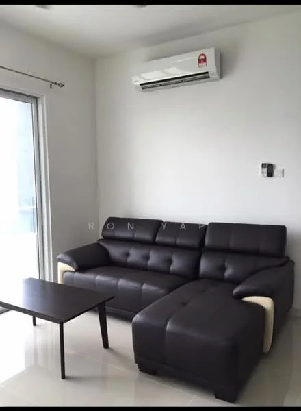 Living features: black leather sectional sofa, coffee table, wall-mounted split AC, white painted walls, glossy tile flooring, floor-to-ceiling sliding glass door, curtains, natural light from window; style: modern.