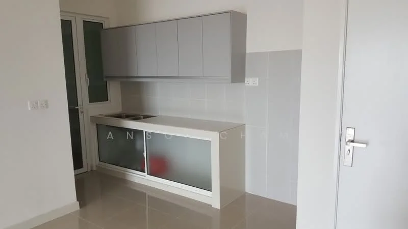 Kitchen features: grey flat-panel cabinets, white countertop, single-bowl stainless-steel sink, chrome pull-down faucet, white tiled backsplash, ceramic tile flooring, floor-to-ceiling windows, sliding glass door; style: modern.