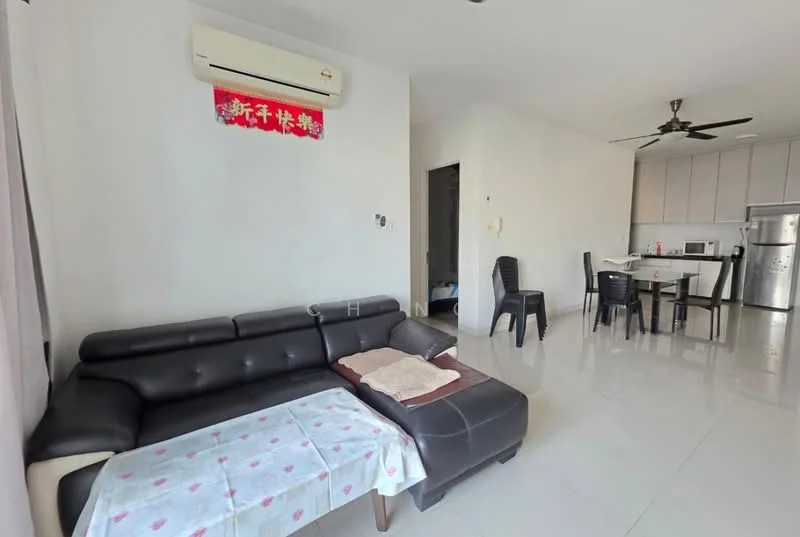 Living features: black leather sectional sofa, white throw blanket on sofa, wall-mounted split AC, recessed downlights, white painted walls, glossy tile flooring, ceiling fan, decorative wall plaque, open layout to dining area, floor-to-ceiling windows, dining table with chairs visible in background; style: modern.