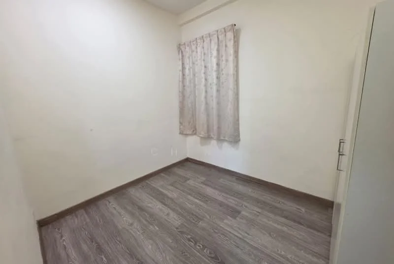 Room features: light-colored painted walls, laminate flooring, single window with sheer curtains, built-in wardrobe, neutral color scheme; style: minimalist.