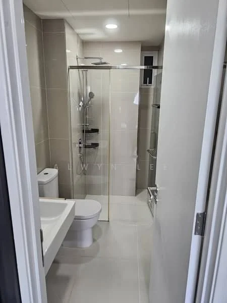 Bathroom features: glass shower enclosure, rain shower head, handheld shower, white toilet, single-sink vanity with white cabinet, chrome basin mixer, mirror above vanity, tile flooring, lighted ceiling, wall-mounted shelves; style: modern.