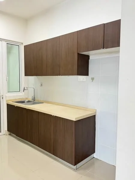 Kitchen features: brown wooden cabinetry, light-colored countertop, single-bowl stainless-steel sink, chrome pull-down faucet, white tiled backsplash, white tiled walls, glossy floor tiles, floor-to-ceiling window; style: modern.