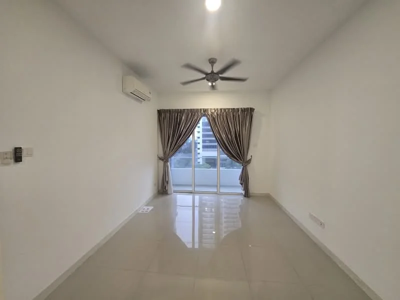 Living features: white painted walls, glossy ceramic tile flooring, 5-blade ceiling fan with light, floor-to-ceiling sliding glass door, curtains in beige, air conditioning unit on wall, natural light from window, balcony view; style: modern; view: city.