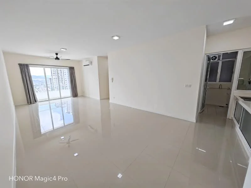 Living features: white painted walls, glossy ceramic tile flooring, 5-blade ceiling fan with light, floor-to-ceiling windows, sheer curtains, air conditioning unit, neutral color scheme, open layout, natural light, city view; style: modern; view: city.