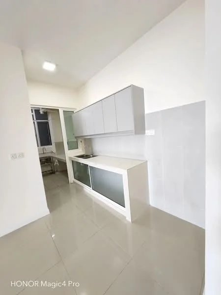 Kitchen features: grey flat-panel cabinets, white countertop, single-bowl stainless-steel sink, chrome pull-down faucet, ceramic tile backsplash, white walls, glossy tile flooring, recessed ceiling lights; style: modern.