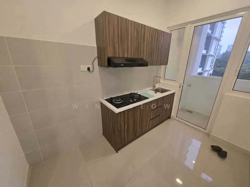 Kitchen features: wood cabinetry, white tiled backsplash, grey wall tiles, stainless-steel sink, chrome pull-down faucet, 2-burner gas hob, built-in range hood, white countertop, floor-to-ceiling window, glossy ceramic tile flooring; style: modern.