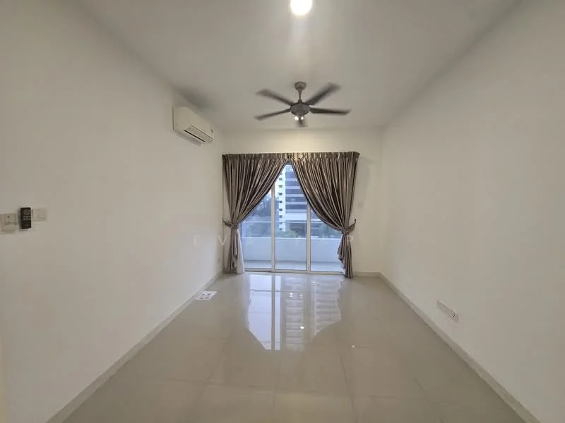 Living features: white painted walls, glossy ceramic tile flooring, 5-blade ceiling fan with light, floor-to-ceiling sliding glass door, sheer curtains, balcony view, air conditioning unit, recessed lighting; style: modern; view: city.