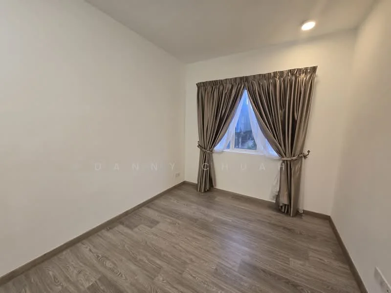 Room features: white painted walls, wooden flooring, curtains with tiebacks, single window, recessed lighting; style: modern.