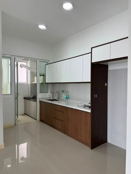 Kitchen features: white upper cabinets, brown lower cabinets, marble countertop, stainless-steel sink, chrome pull-down faucet, built-in oven, ceramic tile flooring, recessed LED downlights, window with sheer curtains, open shelving, kitchen island, wall-mounted exhaust hood; style: modern.