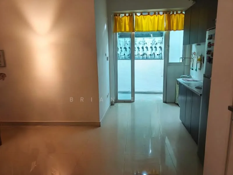 Kitchen features: white painted walls, glossy tile flooring, grey cabinetry, stainless-steel fridge, built-in oven, sink, window with yellow curtain, countertop, kitchen island; style: modern. Room features: white painted walls, glossy tile flooring, sliding glass door.