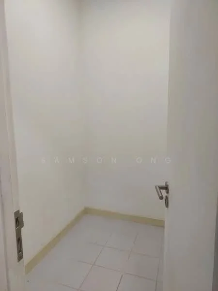 Room features: white painted walls, tile flooring, single door, neutral trim.