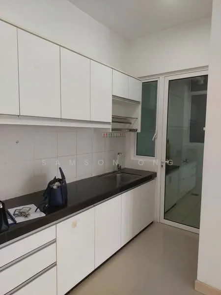 Kitchen features: white cabinetry, black countertop, stainless-steel sink, single-bowl sink, built-in wall shelves, ceramic tile backsplash, floor-to-ceiling windows, sliding glass door, light-colored walls, polished tile flooring; style: modern.