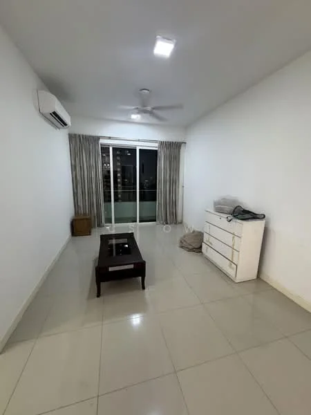 Living features: white painted walls, glossy tile flooring, 5-blade ceiling fan with light, floor-to-ceiling sliding glass door, sheer curtains, coffee table, white dresser, air conditioning unit; style: modern; view: city.