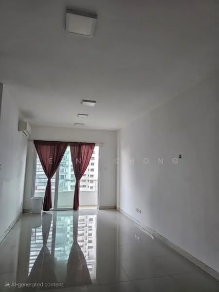 Living features: white painted walls, polished floor tiles, recessed ceiling lights, floor-to-ceiling windows, sliding glass door, sheer curtains, air conditioning unit; style: modern; view: city.