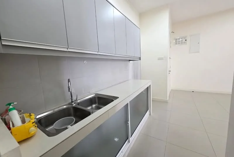 Kitchen features: double-bowl stainless-steel sink, chrome pull-down faucet, grey flat-panel cabinets, white countertop, white tiled backsplash, ceramic tile flooring, wall-mounted storage, window for natural light, clean minimalist design; style: modern.