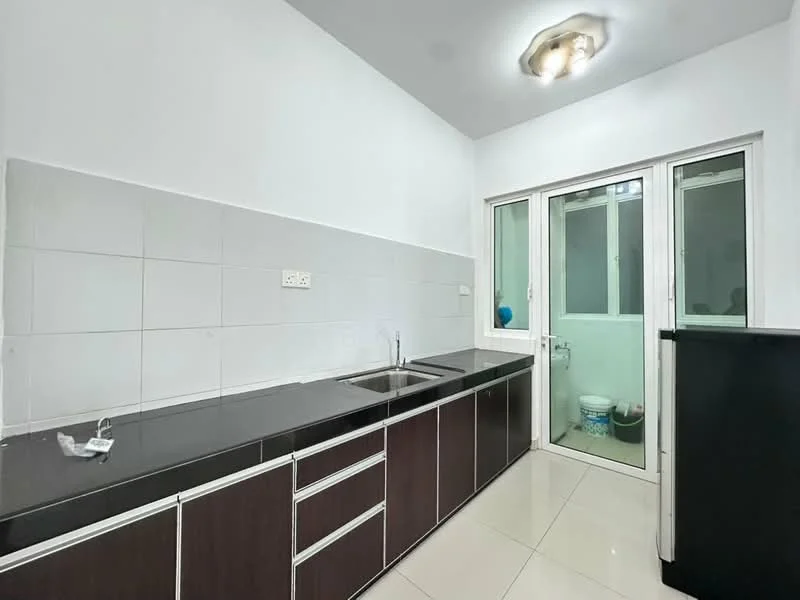 Kitchen features: black granite countertop, dark wood cabinetry, stainless-steel sink, single-bowl sink, chrome faucet, white tiled backsplash, white painted walls, ceramic tile flooring, recessed ceiling light, sliding glass door, window with frosted glass, utility area visible; style: modern.