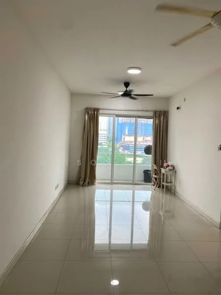 Living features: white painted walls, glossy ceramic tile flooring, 5-blade ceiling fan with light, floor-to-ceiling sliding glass door, sheer curtains, natural light from windows, neutral color scheme, minimalist decor; style: modern; view: city.