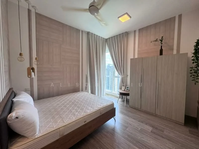 Bedroom features: queen-size bed, wooden bed frame, mattress with white bedding, light wood wardrobe, floor-to-ceiling window, curtains, wooden accent wall, laminate flooring, ceiling fan with light, decorative plant on side table, wall-mounted decor; style: modern; view: city.