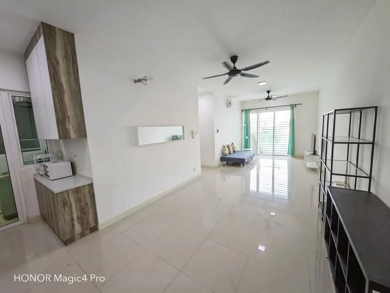 Living features: white painted walls, glossy tile flooring, 5-blade ceiling fan with light, large windows with sheer curtains, sliding glass door, TV console, black shelving unit, sofa, mirror, air conditioning unit; style: modern.