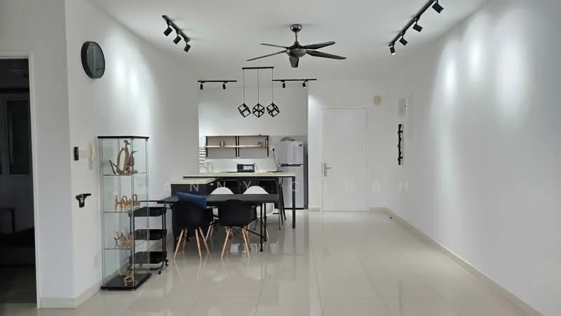 Living features: white painted walls, polished ceramic tile flooring, 5-blade ceiling fan with light, track lighting, round dining table, 4 upholstered dining chairs, glass display cabinet, kitchen area visible in background, refrigerator visible in background, open layout, wall clock, decorative items in cabinet; style: modern.
