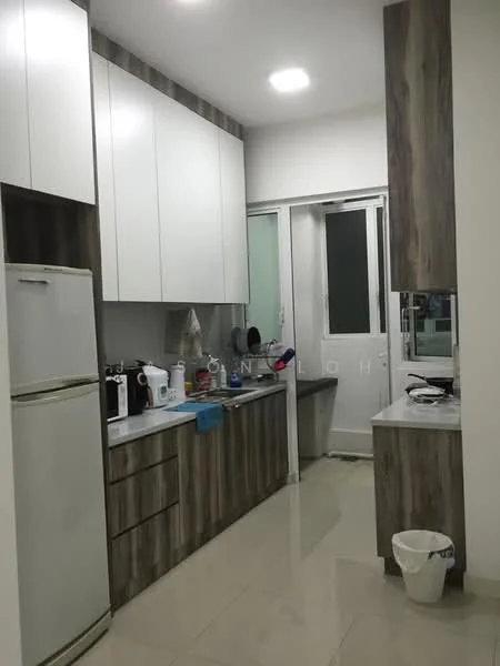 Kitchen features: white upper cabinets, wooden lower cabinets, grey countertop, stainless-steel fridge, built-in stove, sink, window above sink, tile flooring, recessed ceiling lights, kitchen utensils on countertop, waste bin; style: modern.