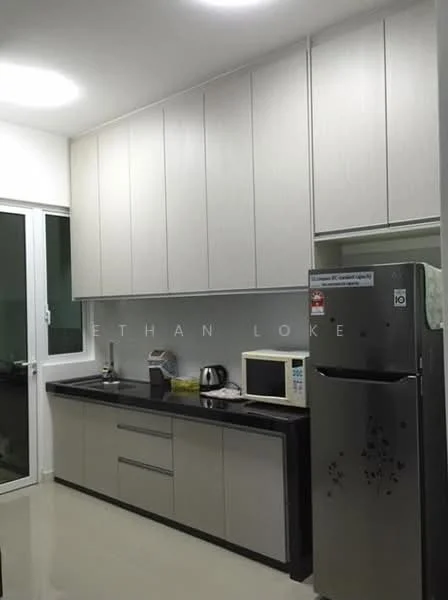 Kitchen features: white upper cabinets, grey lower cabinets, black countertop, stainless-steel fridge, built-in microwave, kettle, ceramic tile flooring, recessed ceiling lights, sliding glass door, window with sheer curtains; style: modern.