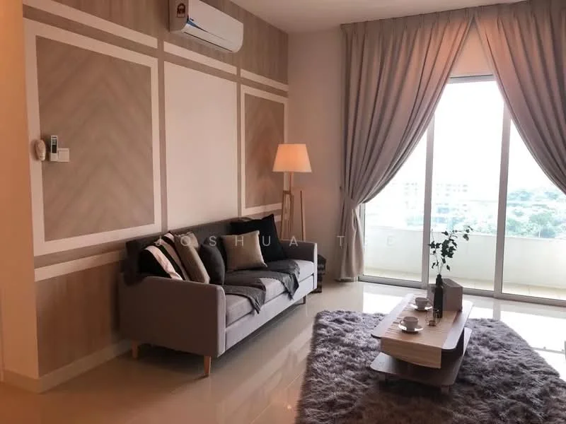 Living features: 3-seater fabric sofa in grey, wooden coffee table, floor-to-ceiling windows, sheer curtains, air conditioning unit, lampshade floor lamp, decorative plant in ceramic pot, light-colored wall with wood paneling, glossy tile flooring; style: modern; view: city.