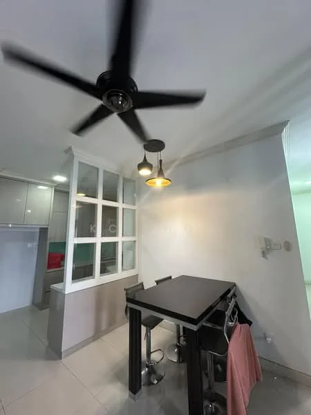 Dining features: black dining table, metal bar stools, 5-blade ceiling fan with light, pendant light fixture, white painted walls, tile flooring, open layout to kitchen, glass partition wall; style: modern.