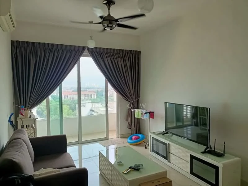 Living features: 3-seater fabric sofa in grey, coffee table, wall-mounted TV, TV console, floor-to-ceiling windows, curtains in grey, ceiling fan, marble flooring, decorative wall with light, sliding glass door, view of city skyline; style: modern; view: city.