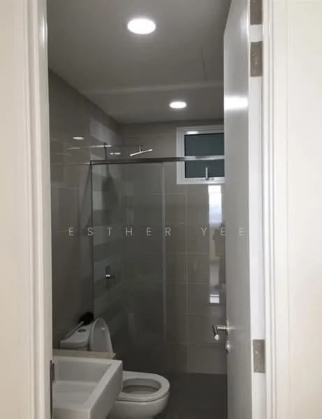 Bathroom features: grey tiled walls, grey tiled flooring, walk-in shower with glass enclosure, chrome shower head, single-sink vanity with white cabinet, toilet, mirror, recessed downlights, window for natural light; style: modern.